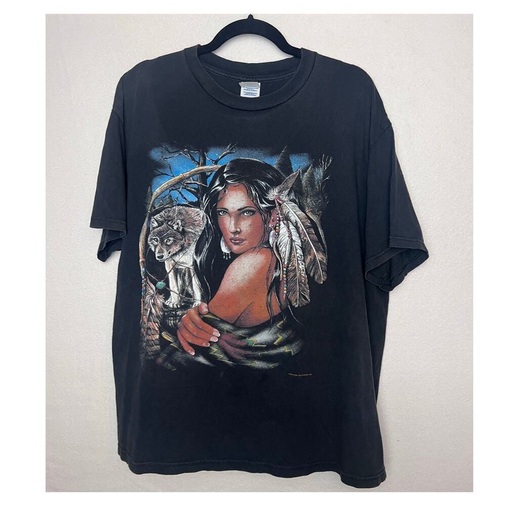 Native American Woman Dreamcatcher Wolf 90s T-Shirt Men's Size XL Thunder Sports